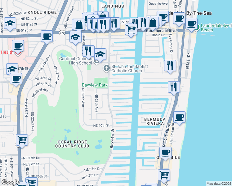 map of restaurants, bars, coffee shops, grocery stores, and more near 3030 Northeast 44th Street in Fort Lauderdale