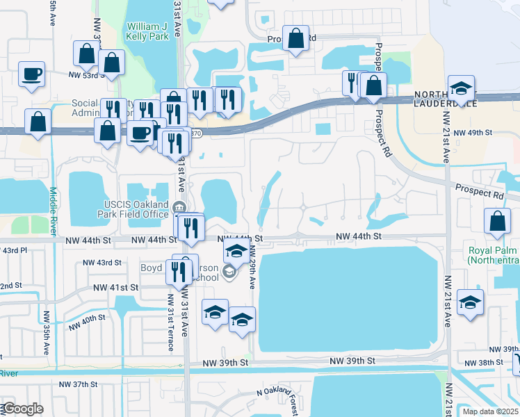 map of restaurants, bars, coffee shops, grocery stores, and more near 2960 Oak Tree Drive in Fort Lauderdale