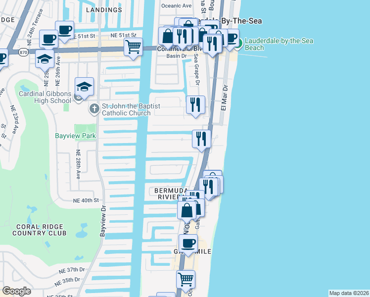 map of restaurants, bars, coffee shops, grocery stores, and more near 248 Codrington Drive in Lauderdale-by-the-Sea