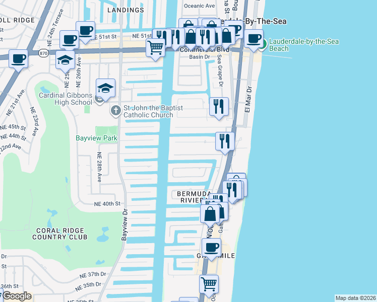 map of restaurants, bars, coffee shops, grocery stores, and more near 272 Codrington Drive in Fort Lauderdale