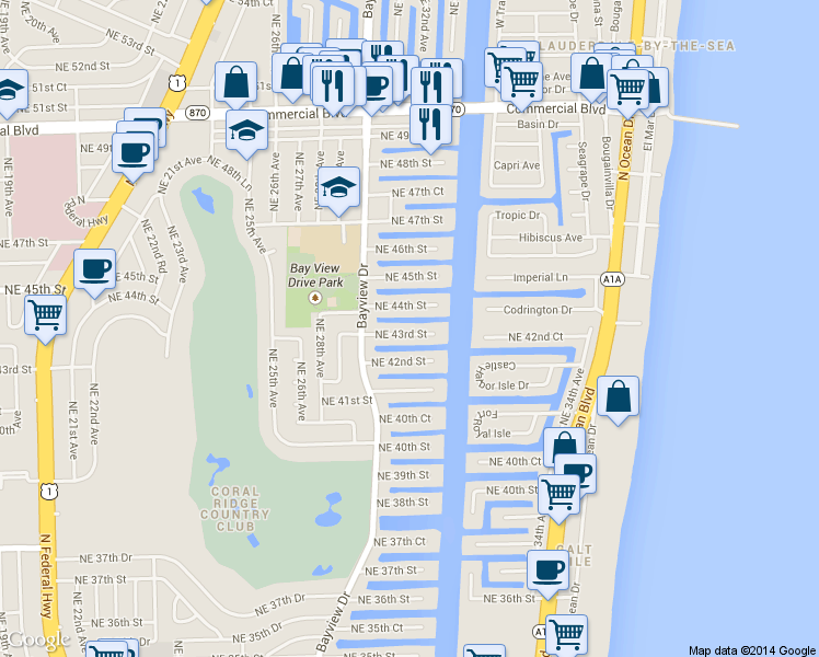 map of restaurants, bars, coffee shops, grocery stores, and more near 3030 Northeast 44th Street in Fort Lauderdale