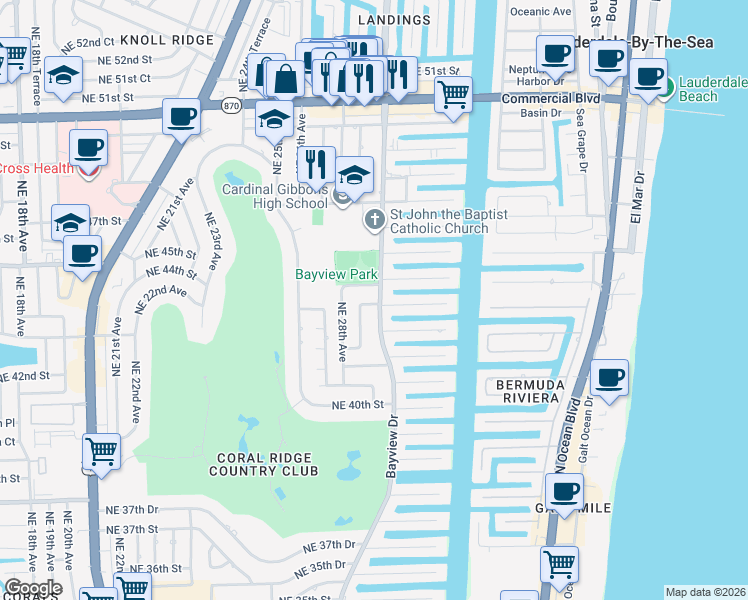 map of restaurants, bars, coffee shops, grocery stores, and more near 2930 Northeast 44th Street in Fort Lauderdale