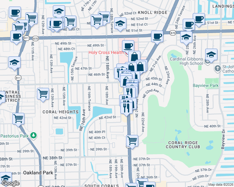 map of restaurants, bars, coffee shops, grocery stores, and more near 4430 Northeast 20th Avenue in Oakland Park