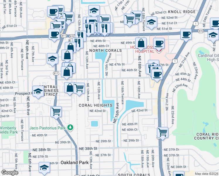 map of restaurants, bars, coffee shops, grocery stores, and more near 4431 Northeast 15th Way in Oakland Park