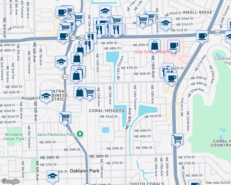 map of restaurants, bars, coffee shops, grocery stores, and more near 4431 Northeast 15th Way in Oakland Park