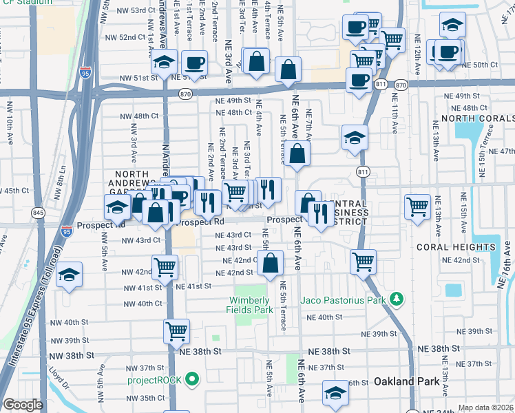 map of restaurants, bars, coffee shops, grocery stores, and more near 340 Northeast 45th Court in Fort Lauderdale