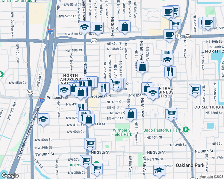 map of restaurants, bars, coffee shops, grocery stores, and more near 240 Northeast 45th Court in Fort Lauderdale