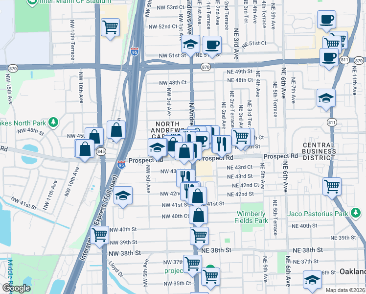 map of restaurants, bars, coffee shops, grocery stores, and more near 160 Northwest 45th Court in Fort Lauderdale