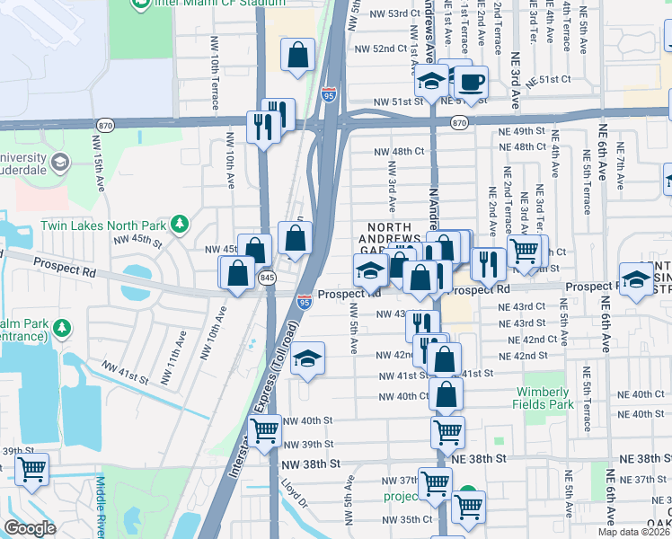 map of restaurants, bars, coffee shops, grocery stores, and more near 518 Northwest 45th Court in Fort Lauderdale