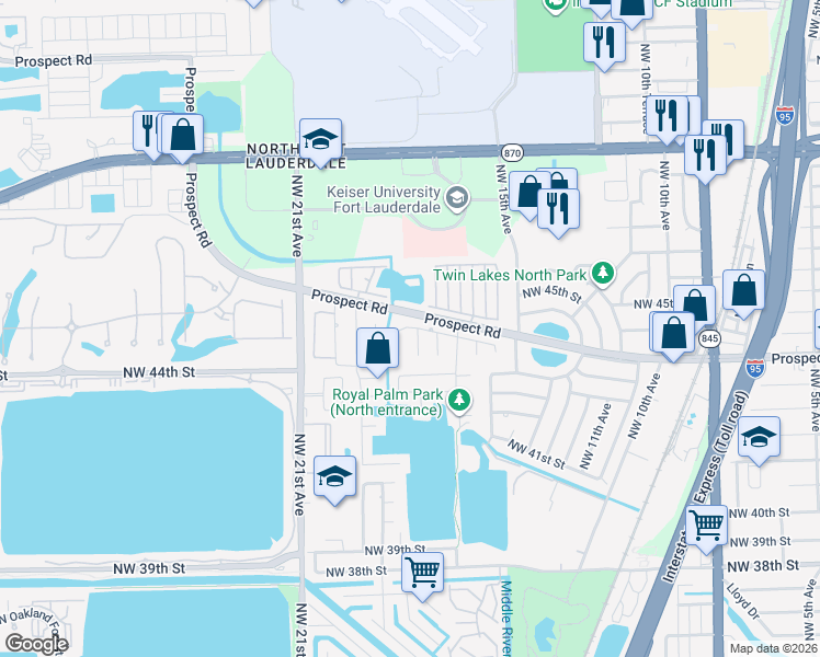 map of restaurants, bars, coffee shops, grocery stores, and more near 1761 Northwest 45th Street in Oakland Park