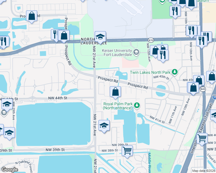 map of restaurants, bars, coffee shops, grocery stores, and more near 4487 Northwest 19th Terrace in Tamarac