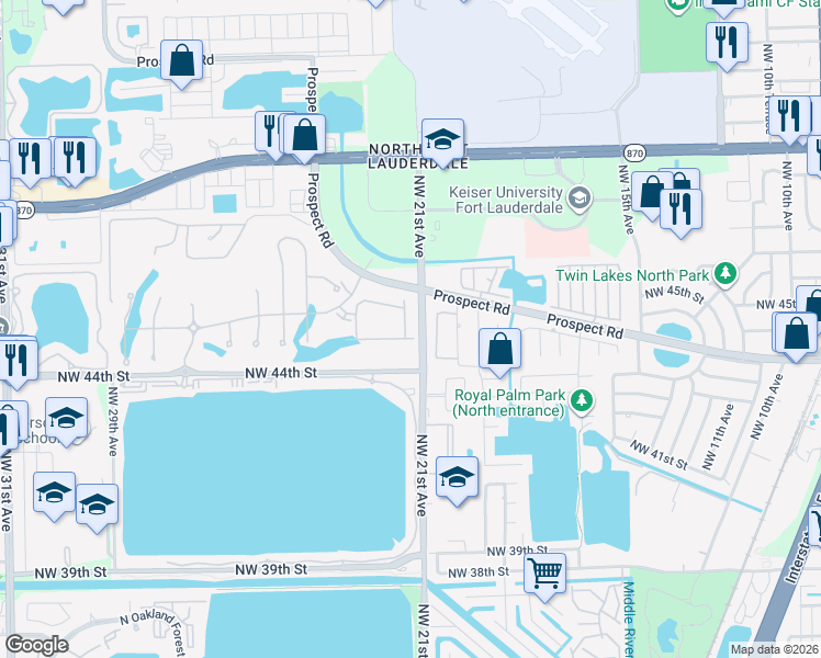 map of restaurants, bars, coffee shops, grocery stores, and more near in Oakland Park