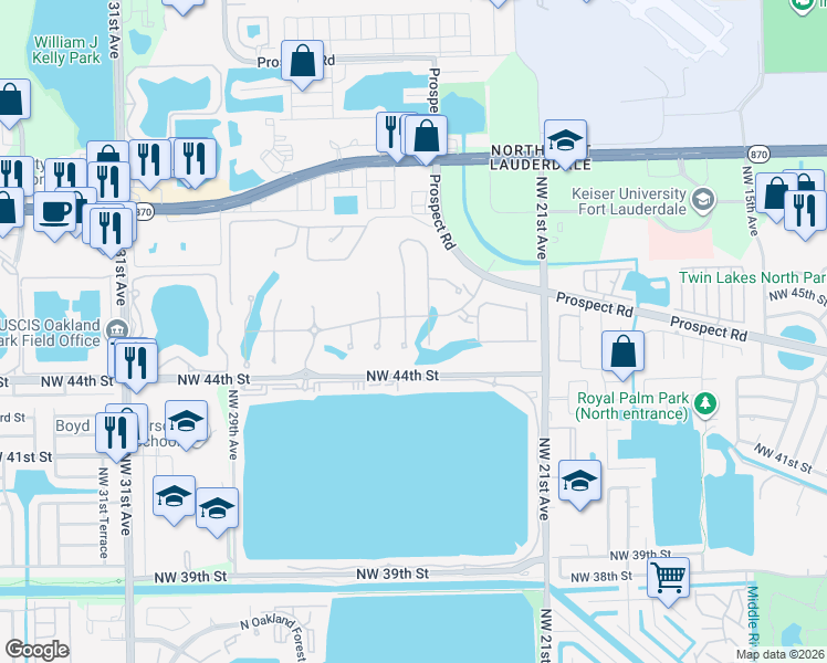 map of restaurants, bars, coffee shops, grocery stores, and more near 2231-2899 NW 44th St in Oakland Park