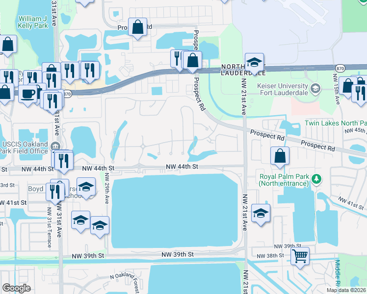 map of restaurants, bars, coffee shops, grocery stores, and more near 2231-2899 NW 44th St in Oakland Park