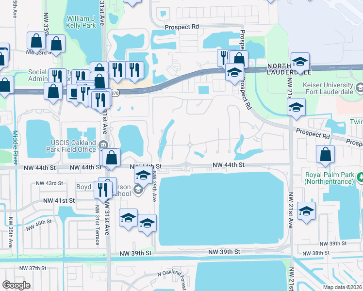 map of restaurants, bars, coffee shops, grocery stores, and more near 2850 Oak Tree Court in Fort Lauderdale