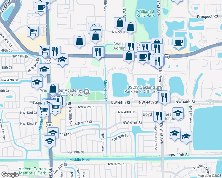 map of restaurants, bars, coffee shops, grocery stores, and more near 3433 Northwest 44th Street in Lauderdale Lakes