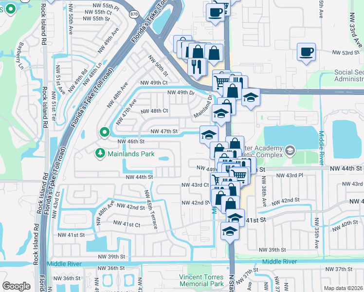 map of restaurants, bars, coffee shops, grocery stores, and more near 4303 Northwest 46th Street in Tamarac