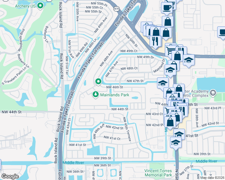map of restaurants, bars, coffee shops, grocery stores, and more near 4611 Northwest 46th Street in Tamarac