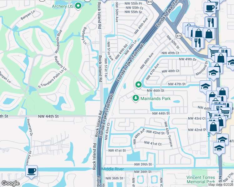 map of restaurants, bars, coffee shops, grocery stores, and more near 4512 Northwest 48th Terrace in Tamarac