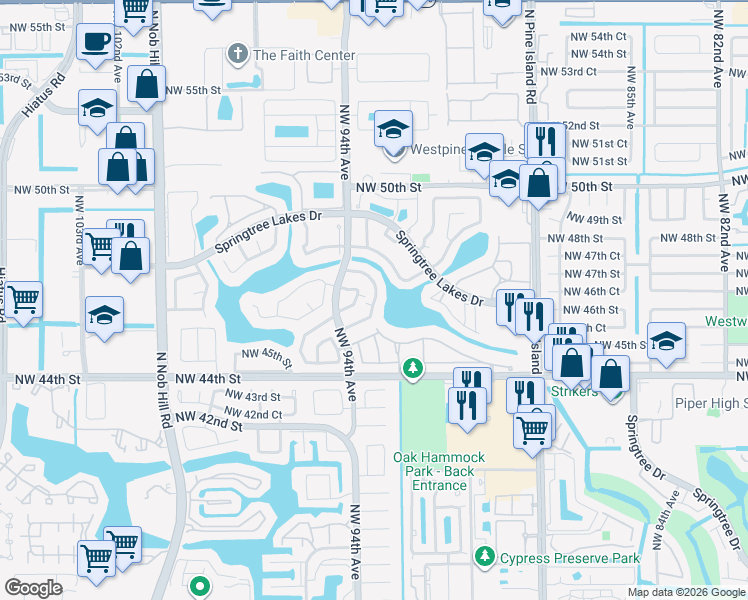 map of restaurants, bars, coffee shops, grocery stores, and more near 4654 Northwest 93rd Terrace in Sunrise