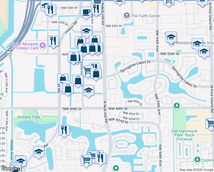 map of restaurants, bars, coffee shops, grocery stores, and more near 9925 Northwest 46th Place in Sunrise