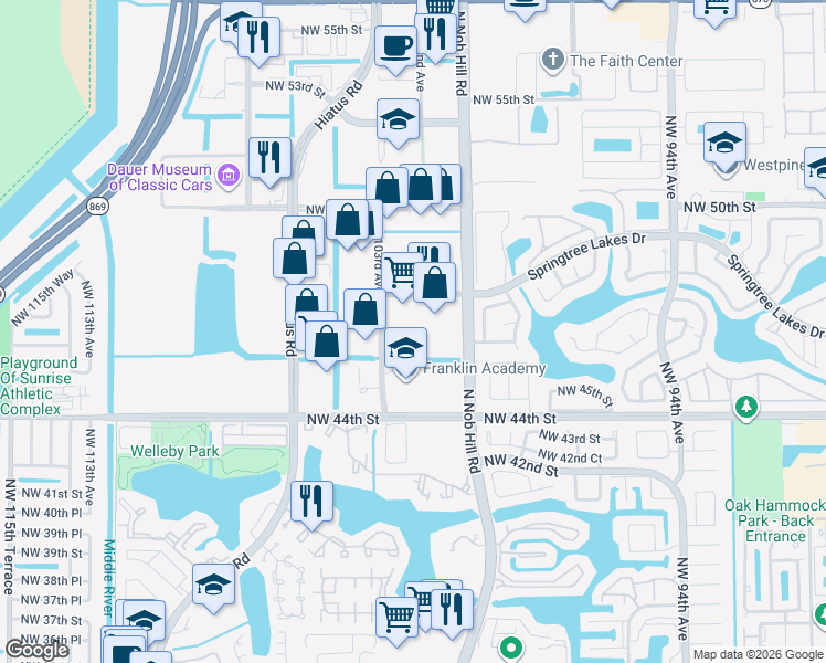 map of restaurants, bars, coffee shops, grocery stores, and more near 10216 Northwest 47th Street in Sunrise