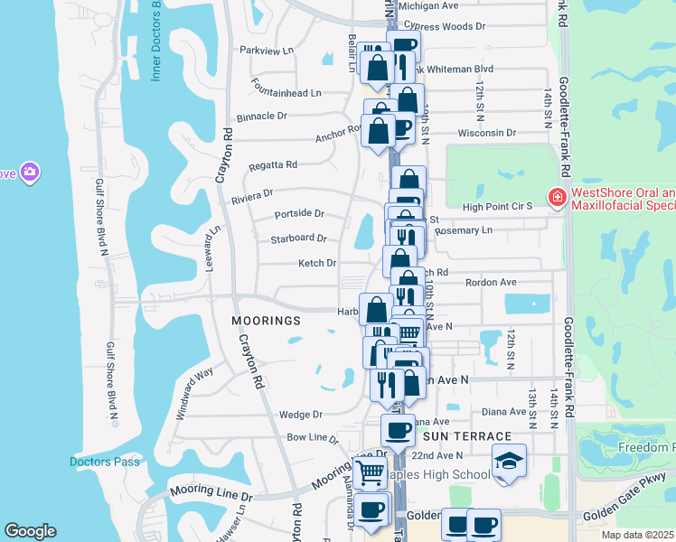 map of restaurants, bars, coffee shops, grocery stores, and more near 2990 Binnacle Drive in Naples