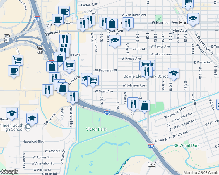 map of restaurants, bars, coffee shops, grocery stores, and more near 1222 W Johnson St in Harlingen