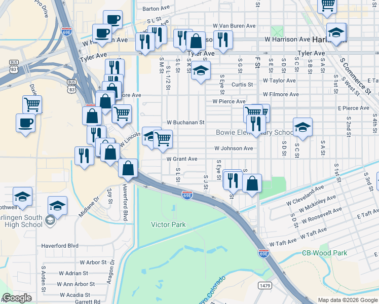 map of restaurants, bars, coffee shops, grocery stores, and more near 1222 W Johnson St in Harlingen