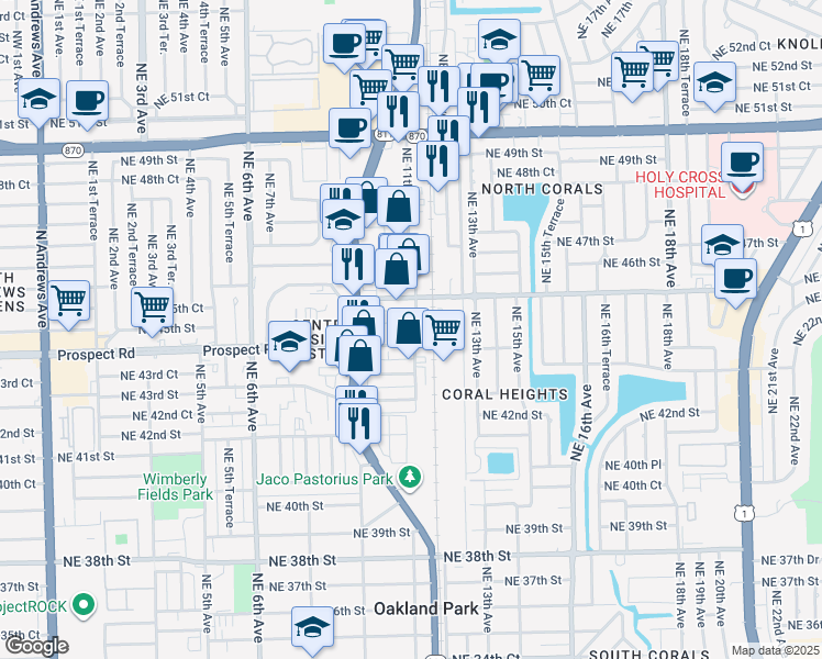 map of restaurants, bars, coffee shops, grocery stores, and more near 1049 Northeast 44th Court in Oakland Park