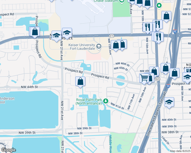 map of restaurants, bars, coffee shops, grocery stores, and more near 1761 Northwest 45th Street in Oakland Park