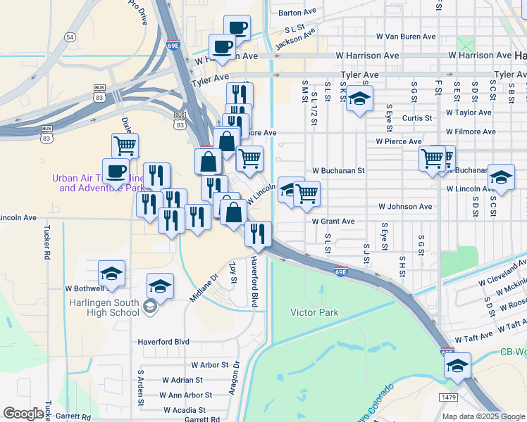 map of restaurants, bars, coffee shops, grocery stores, and more near 1002 South Expressway 83 in Harlingen