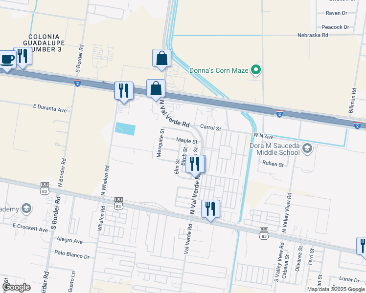map of restaurants, bars, coffee shops, grocery stores, and more near 341 Birch Street in Donna