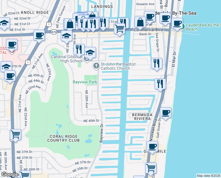 map of restaurants, bars, coffee shops, grocery stores, and more near 3061 Northeast 43rd Street in Fort Lauderdale
