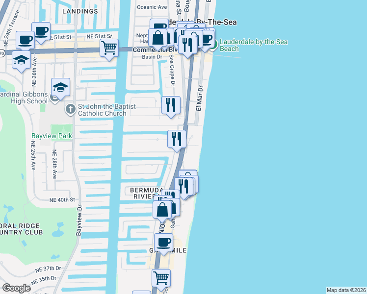 map of restaurants, bars, coffee shops, grocery stores, and more near 3900 North Ocean Boulevard in Fort Lauderdale