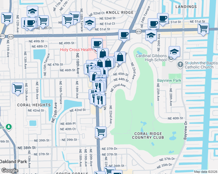 map of restaurants, bars, coffee shops, grocery stores, and more near 27 Northeast 21st Avenue in Fort Lauderdale
