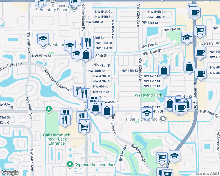map of restaurants, bars, coffee shops, grocery stores, and more near 8541 Northwest 46th Court in Lauderhill