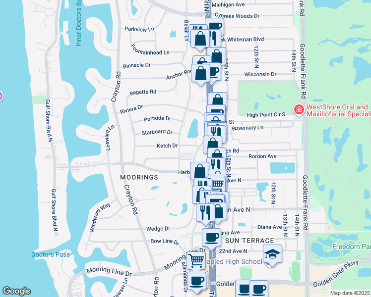 map of restaurants, bars, coffee shops, grocery stores, and more near 2990 Binnacle Drive in Naples