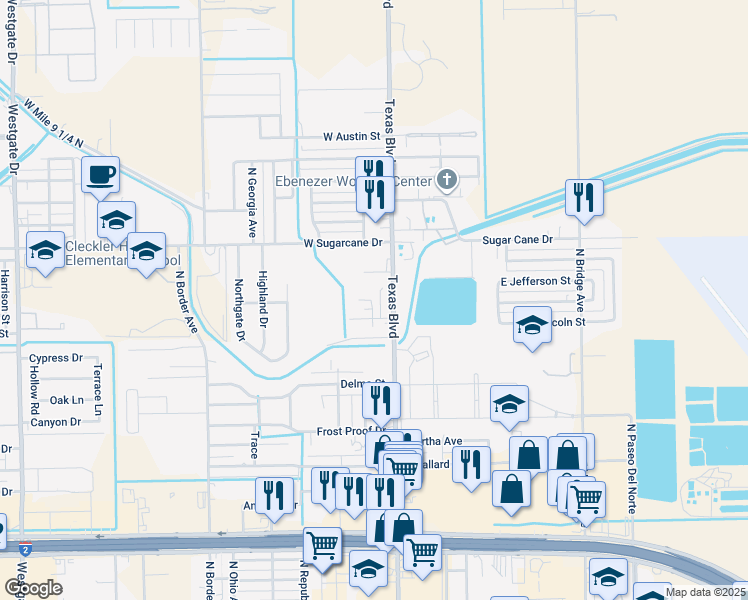 map of restaurants, bars, coffee shops, grocery stores, and more near 1909 Maria Isabel Drive in Weslaco