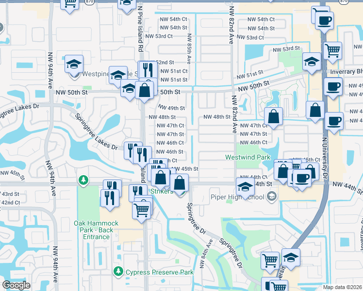 map of restaurants, bars, coffee shops, grocery stores, and more near 8520 Northwest 46th Court in Lauderhill