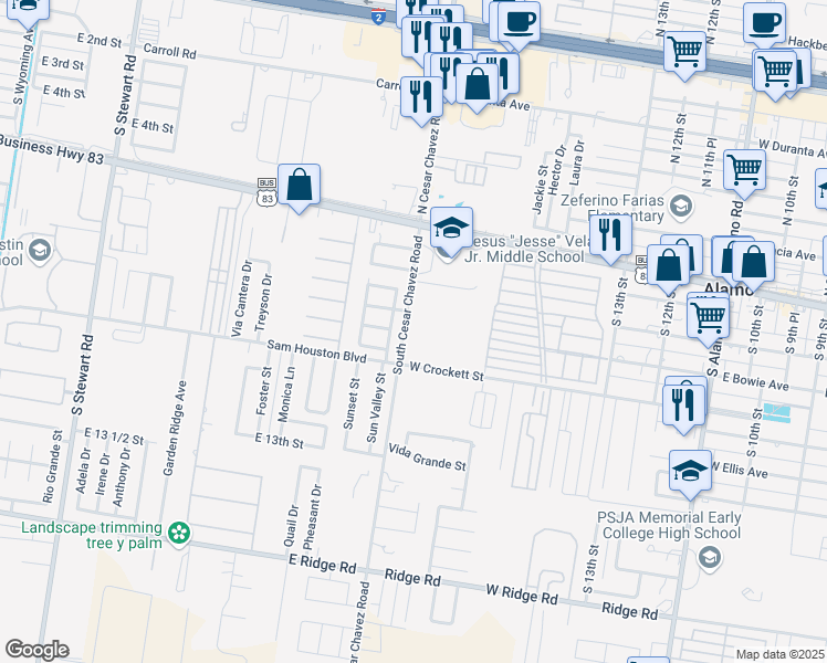 map of restaurants, bars, coffee shops, grocery stores, and more near 208 Cesar Chavez Road in Alamo