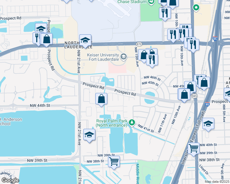 map of restaurants, bars, coffee shops, grocery stores, and more near 1761 Northwest 45th Street in Oakland Park