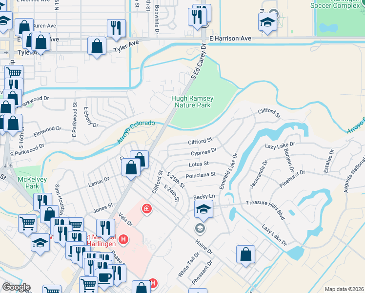 map of restaurants, bars, coffee shops, grocery stores, and more near 2632 Clifford St in Harlingen