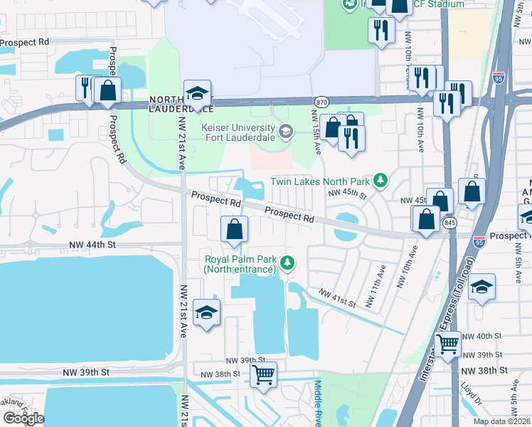 map of restaurants, bars, coffee shops, grocery stores, and more near 1761 Northwest 45th Street in Oakland Park
