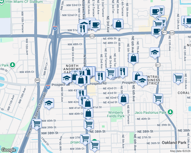 map of restaurants, bars, coffee shops, grocery stores, and more near 111 Northeast 45th Street in Fort Lauderdale