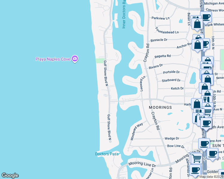 map of restaurants, bars, coffee shops, grocery stores, and more near 3000 Gulf Shore Boulevard North in Naples