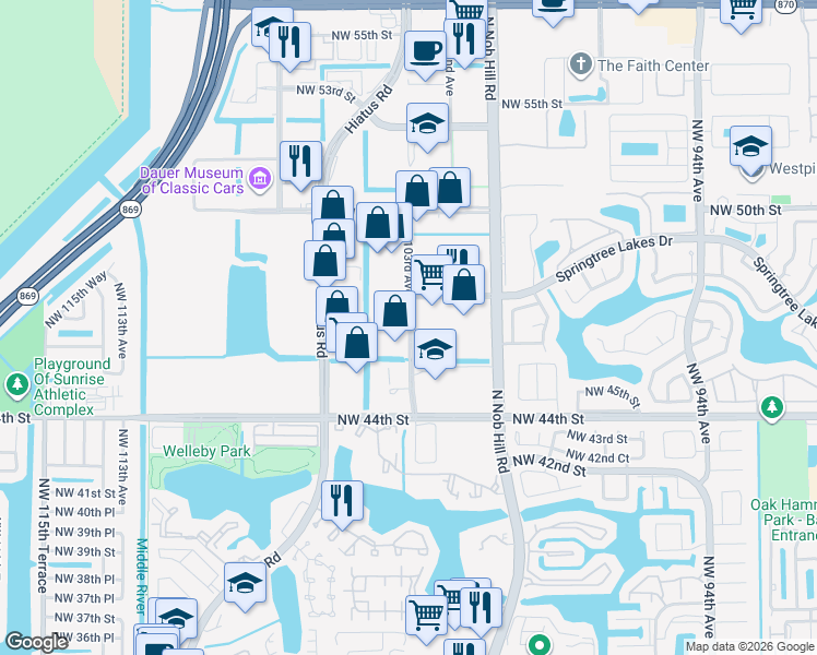 map of restaurants, bars, coffee shops, grocery stores, and more near 4631 Northwest 103rd Avenue in Sunrise