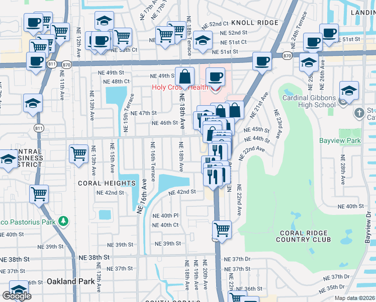 map of restaurants, bars, coffee shops, grocery stores, and more near 4430 Northeast 18th Avenue in Oakland Park