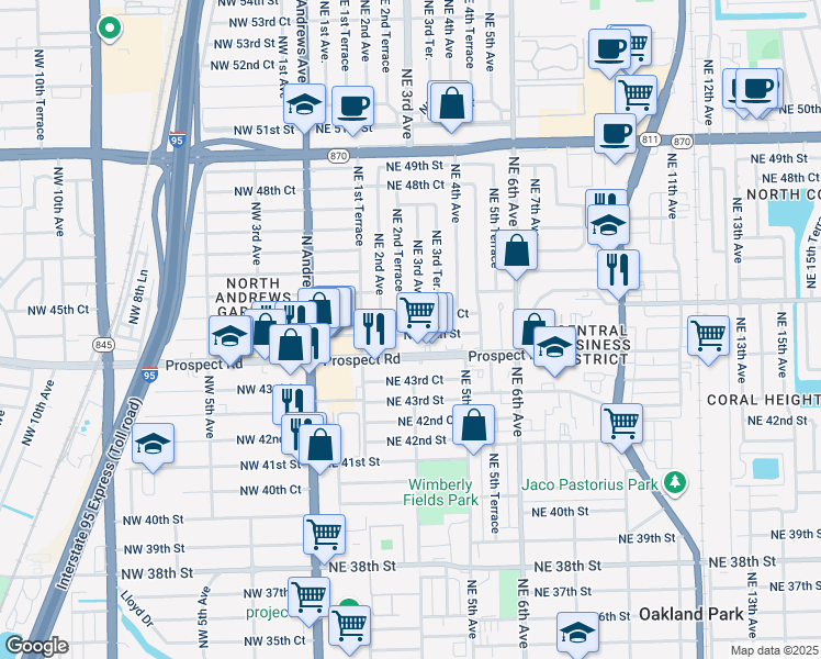 map of restaurants, bars, coffee shops, grocery stores, and more near 240 Northeast 45th Court in Fort Lauderdale