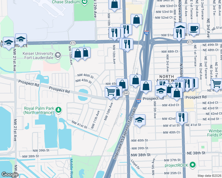 map of restaurants, bars, coffee shops, grocery stores, and more near 1011 Northwest 45th Street in Fort Lauderdale
